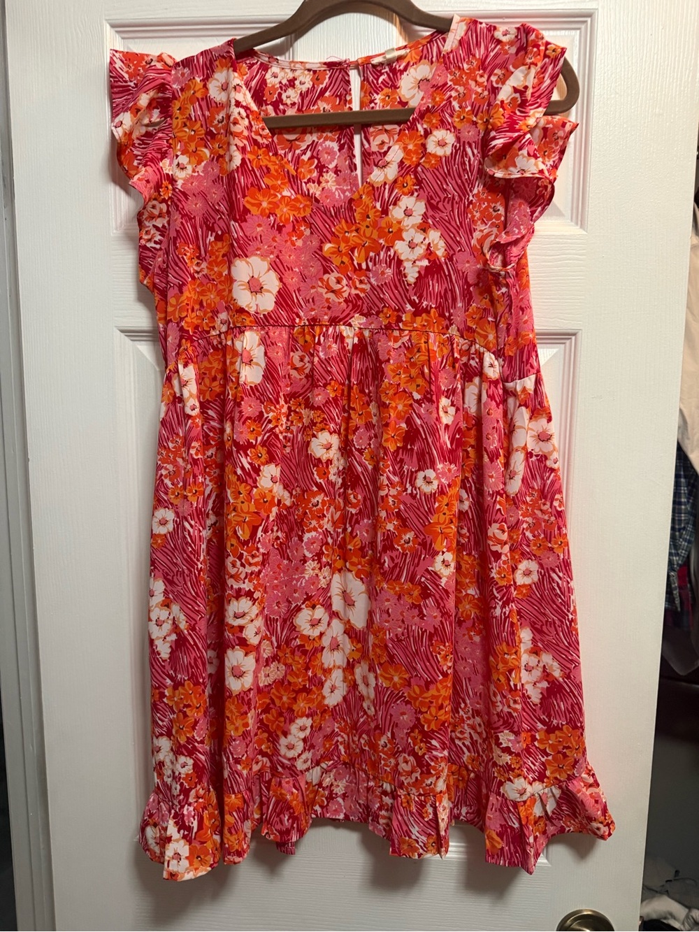 Floral Ruffle Sleeve Pink & Orange Dress